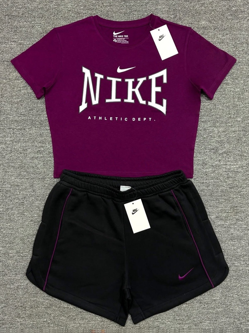 Nike Purple Crop Tee with Black Athletic Shorts Set